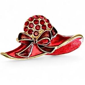 Vintage Red Hat Society Brooch Rhinestone Enamel Gold Hat Pin Fashion Statement